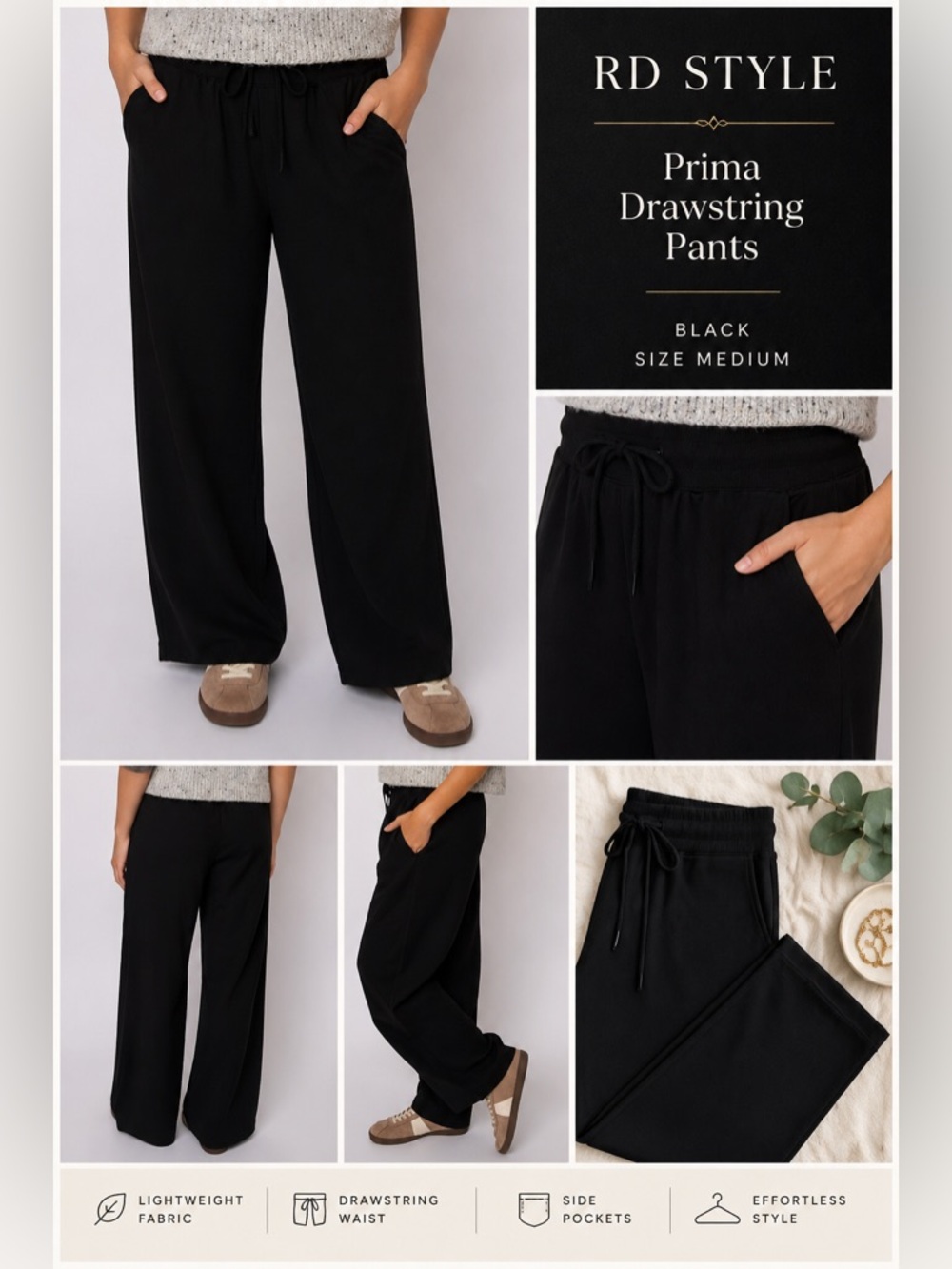 RD Style Prima Drawstring Pants Black Medium NWT Comfortable Minimalist Casual